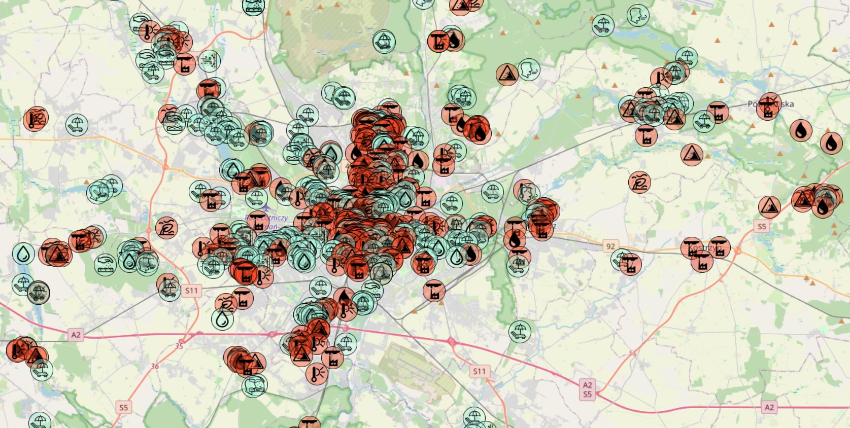 Mapa Metropolii Poznań z zaznaczonymi zgłoszeniami dokonanymi poprzez narzędzie online MAPUJ KLIMAT