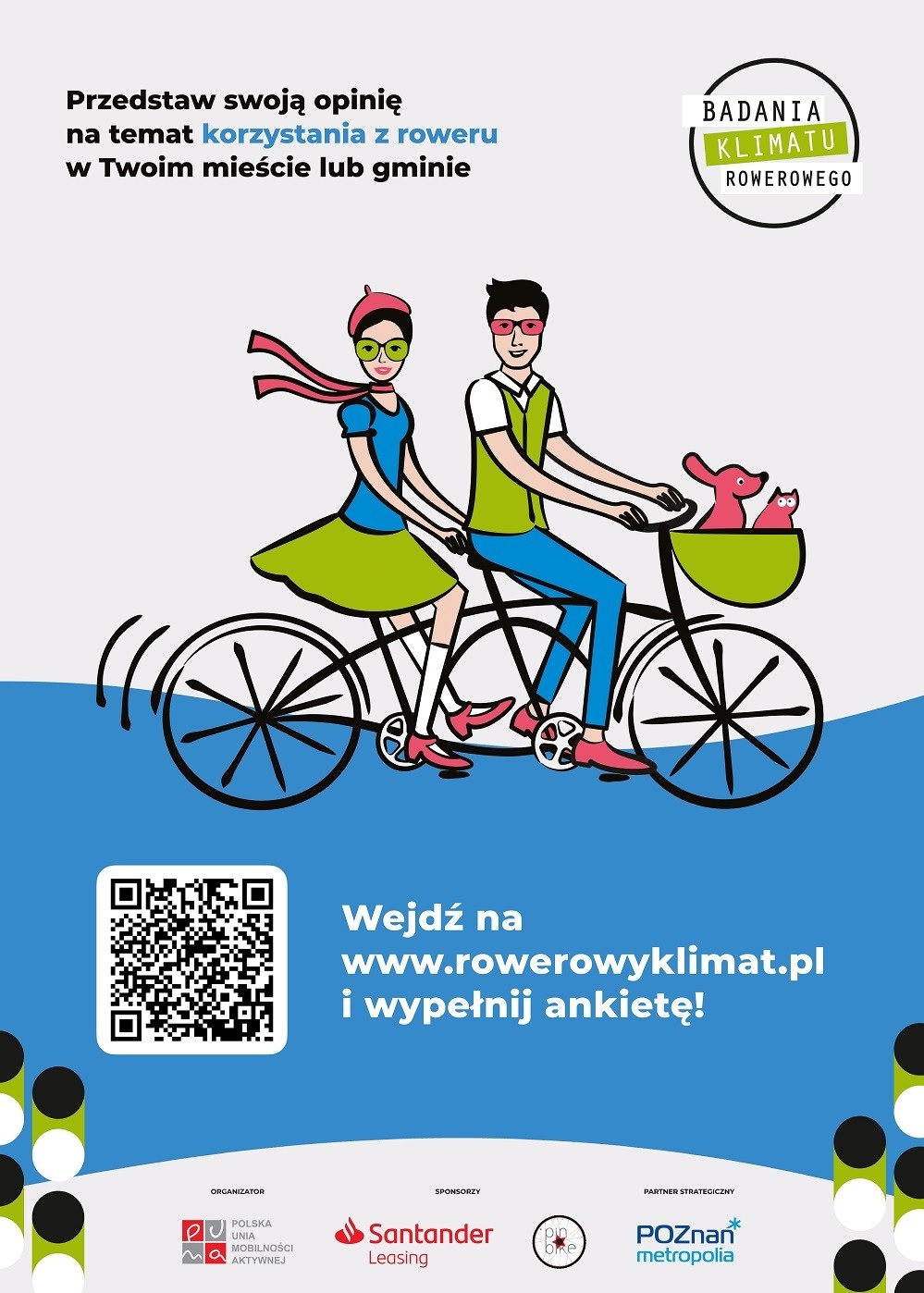 Plakat informujący o badaniu klimatu rowerowego online dostępnym na stronie www.rowerowyklimat.pl